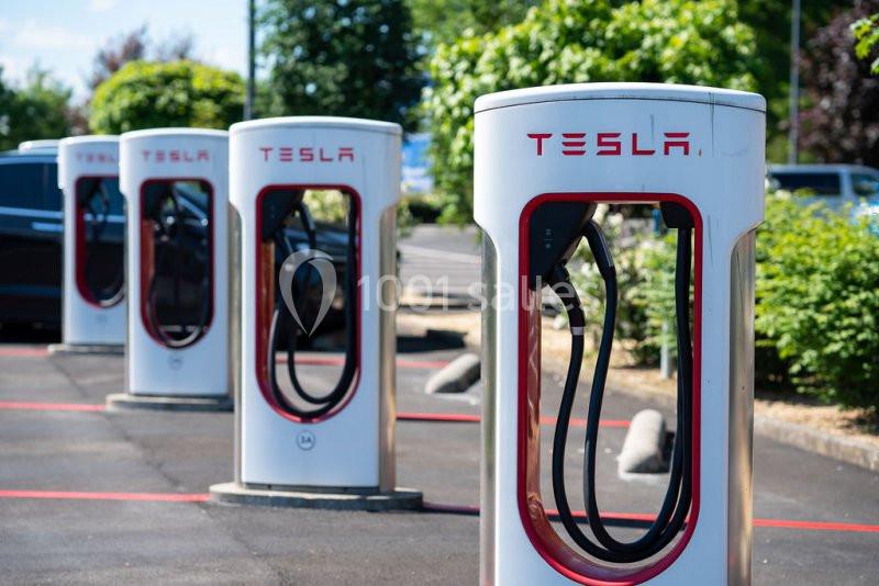 Bornes de recharge électriques Tesla alignées sur un parking, entourées de végétation et de voitures en arrière-plan.