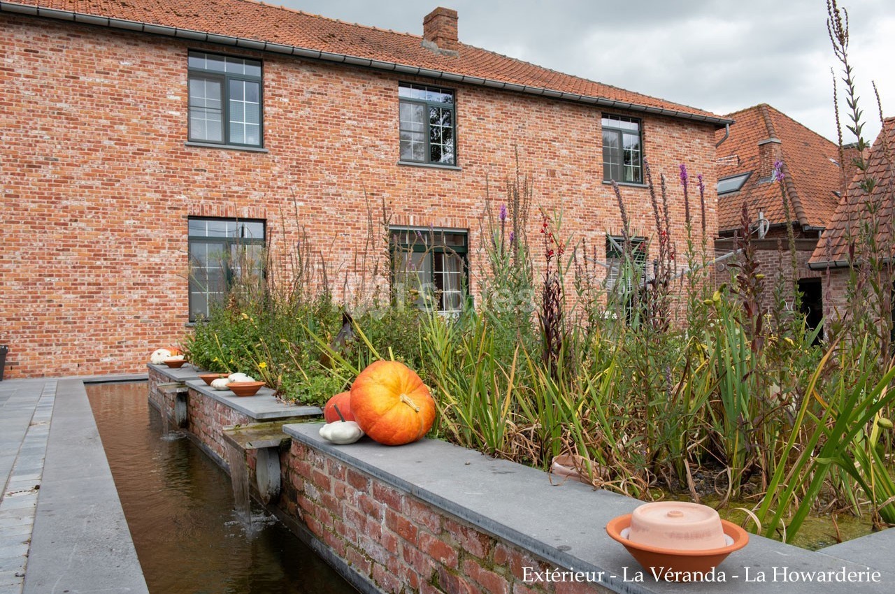 Façade en briques rouges avec un bassin, des plantes et une citrouille en décoration extérieure.