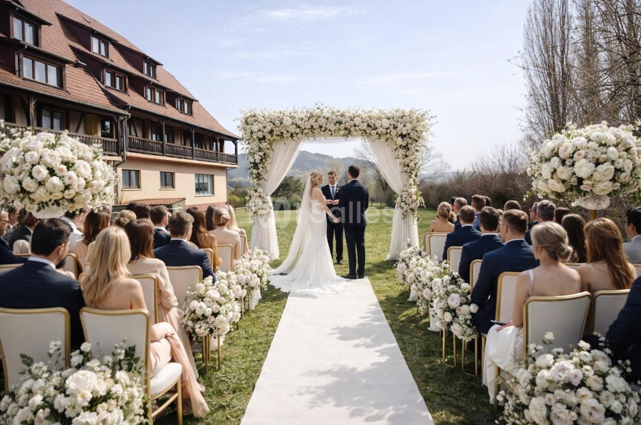 Cérémonie de mariage en plein air avec un couple sous une arche fleurie, entouré d'invités assis.