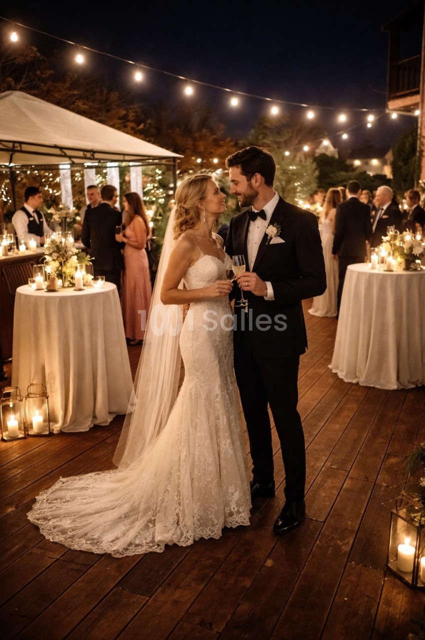 Un couple en tenue de mariage se tient sur une terrasse éclairée, entouré d'invités et de décorations lumineuses.