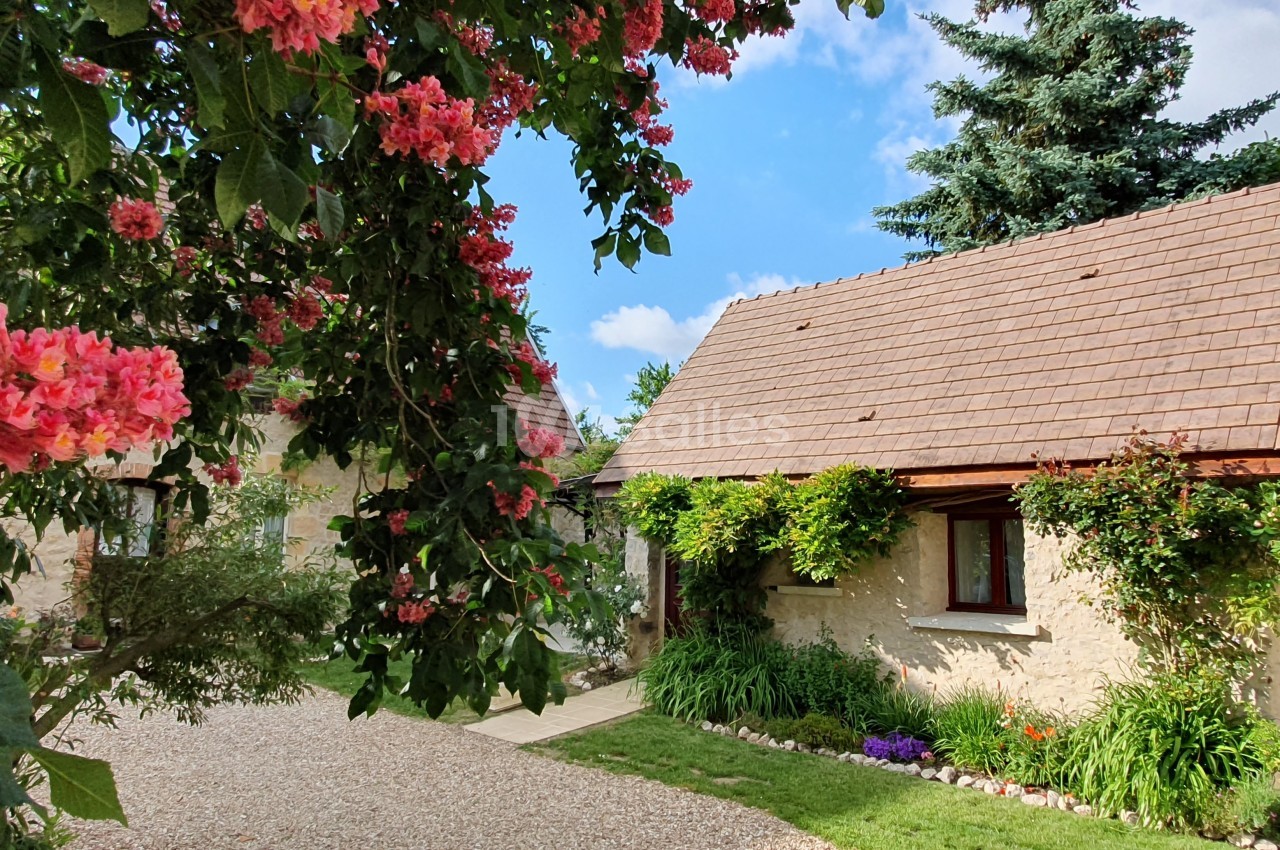 Petite maison en pierre avec toit en tuiles, entourée de fleurs, d'arbustes et d'arbres sous un ciel bleu.