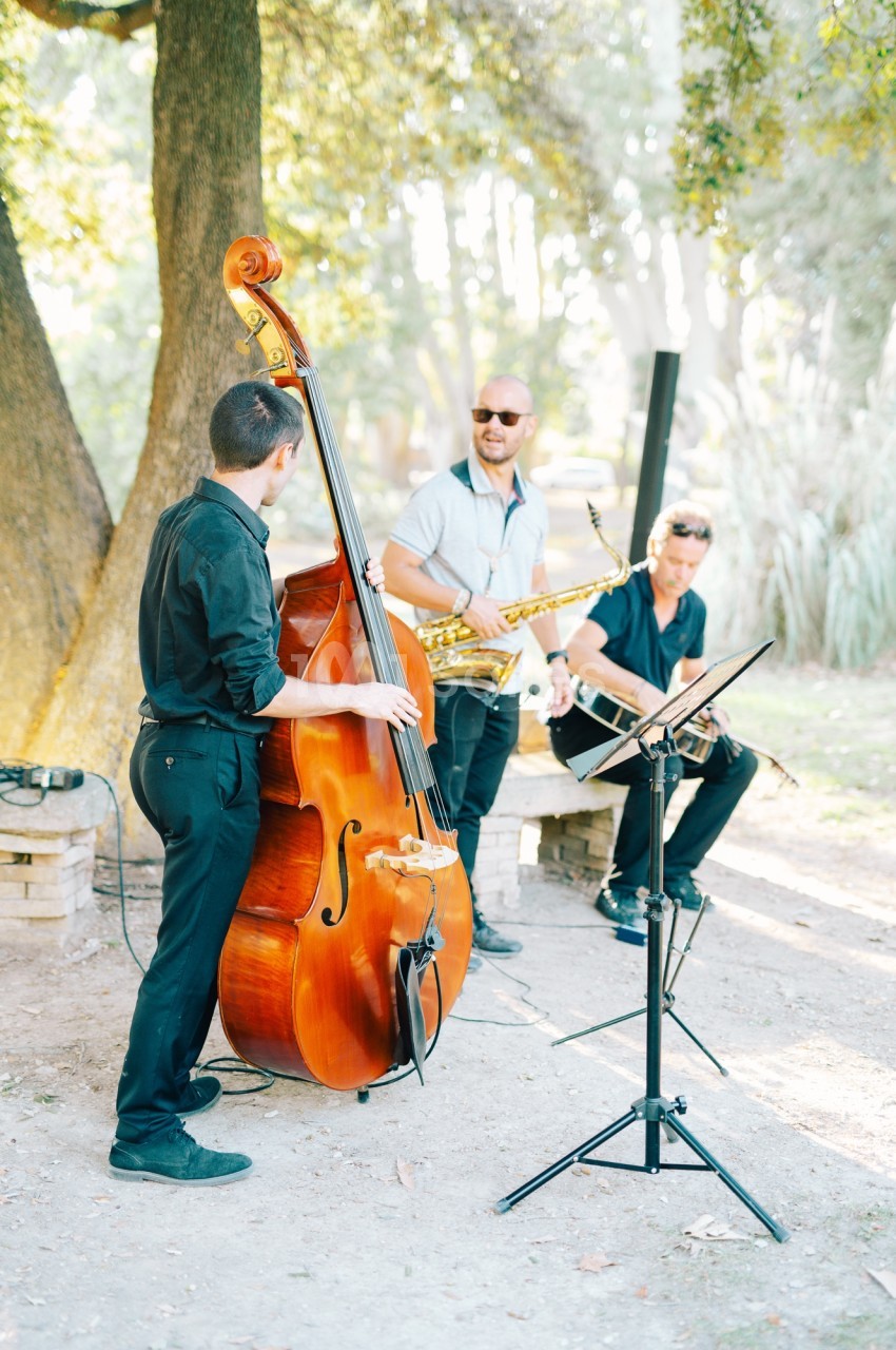 Trois musiciens jouent de la contrebasse, du saxophone et de la batterie en plein air, sous des arbres.