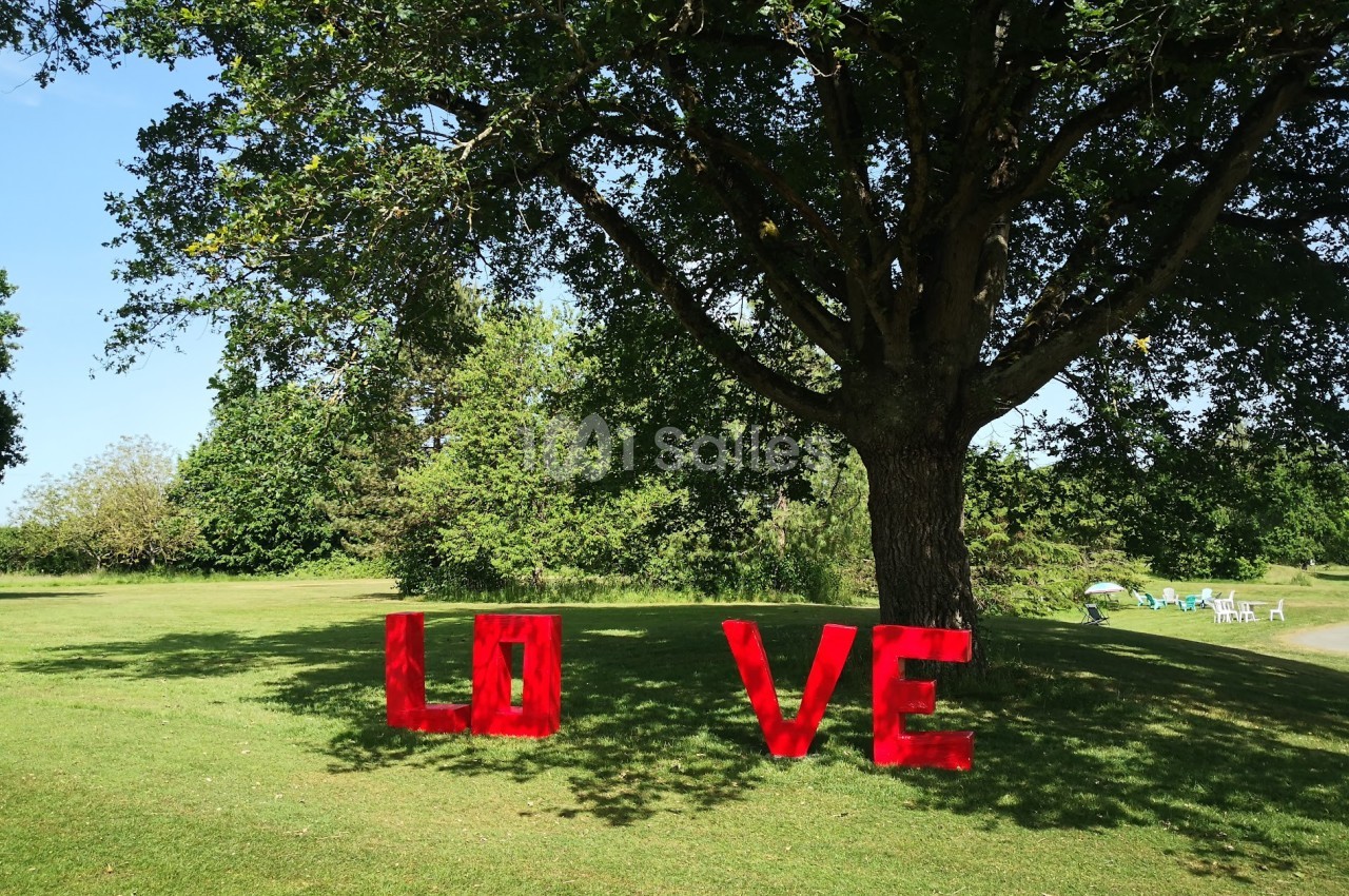 Lettres rouges formant le mot ’LOVE’ posées sur une pelouse, sous un grand arbre dans un parc ensoleillé.