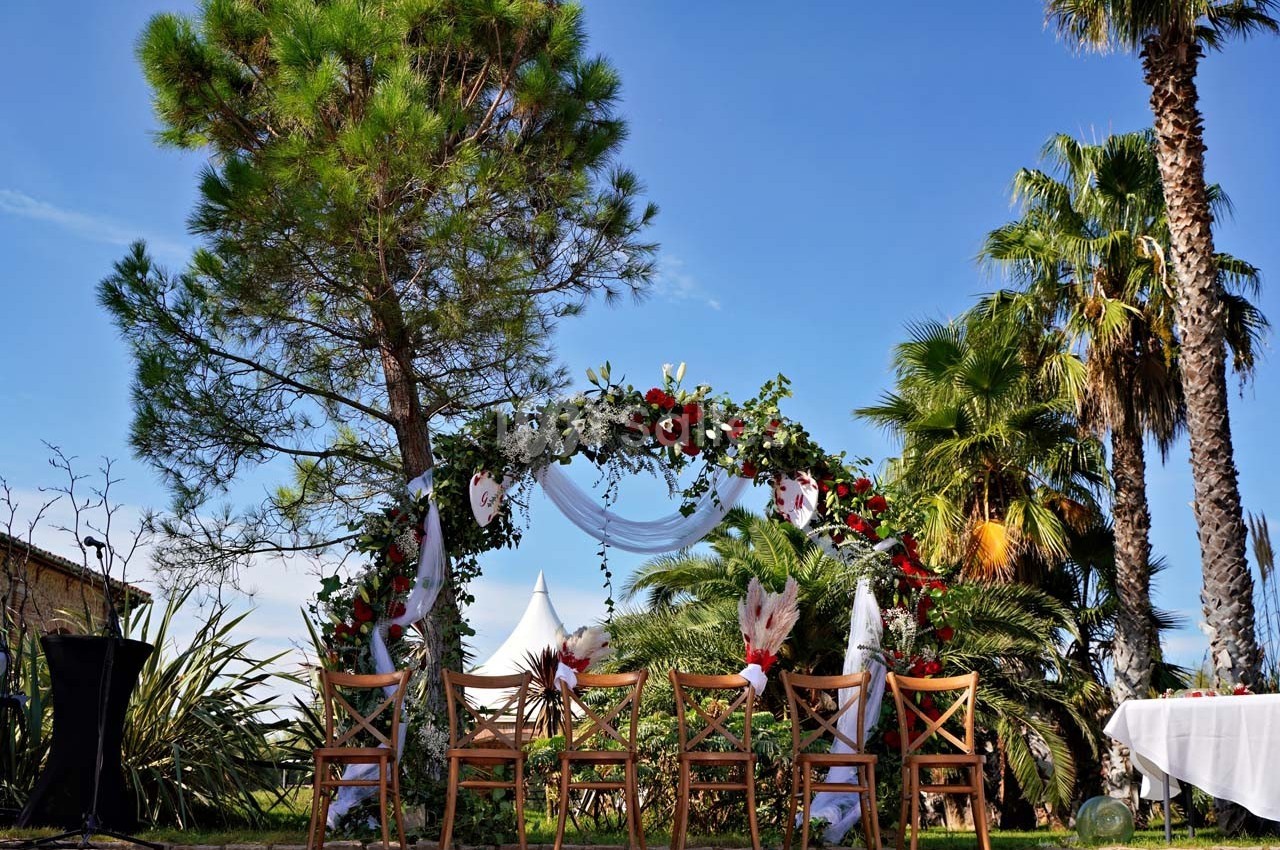 Arche fleurie entourée de chaises en bois dans un jardin ensoleillé avec des palmiers et un ciel bleu.