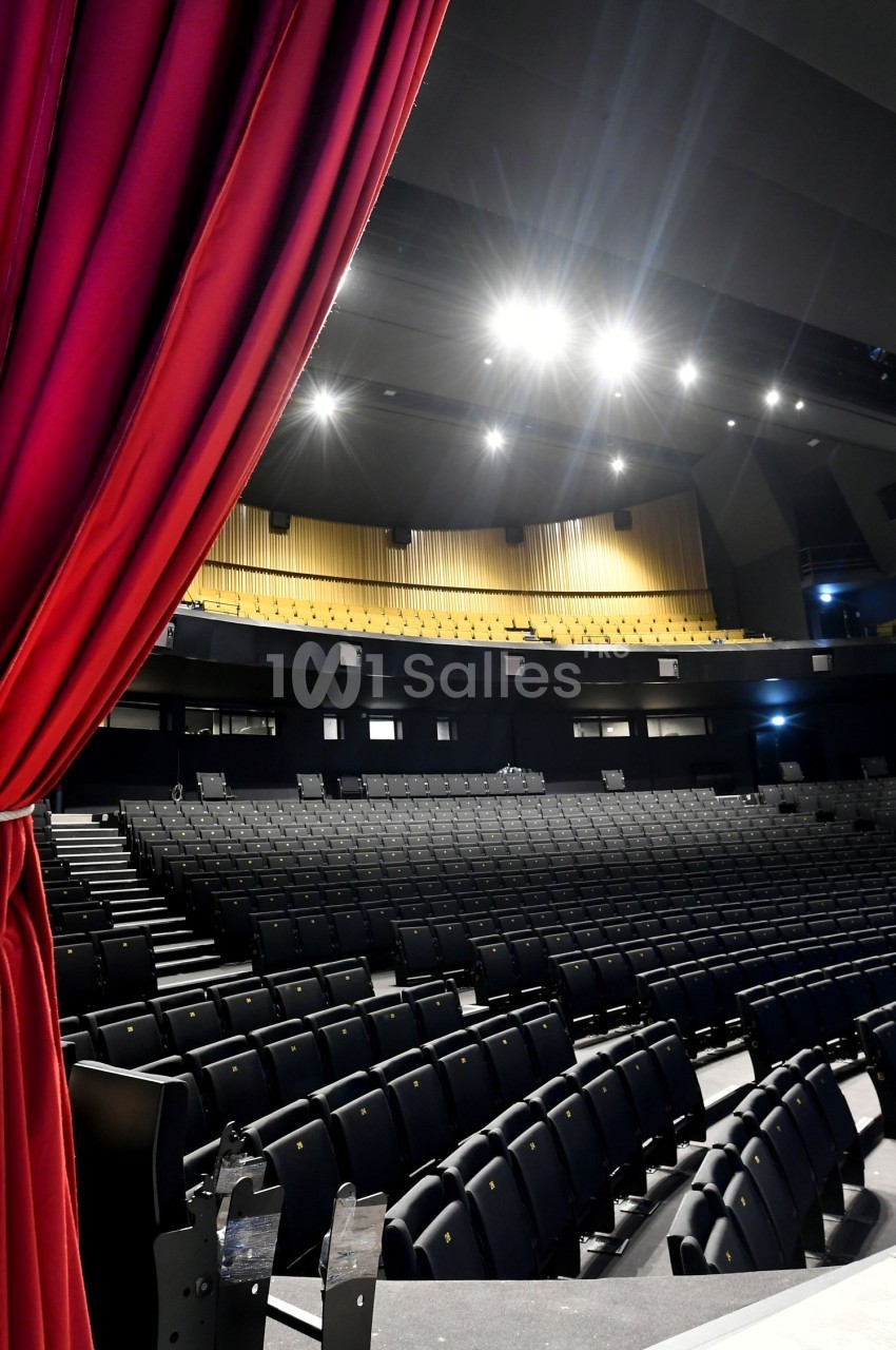 Salle de théâtre vide avec des sièges noirs, rideau rouge ouvert et éclairage de scène allumé.
