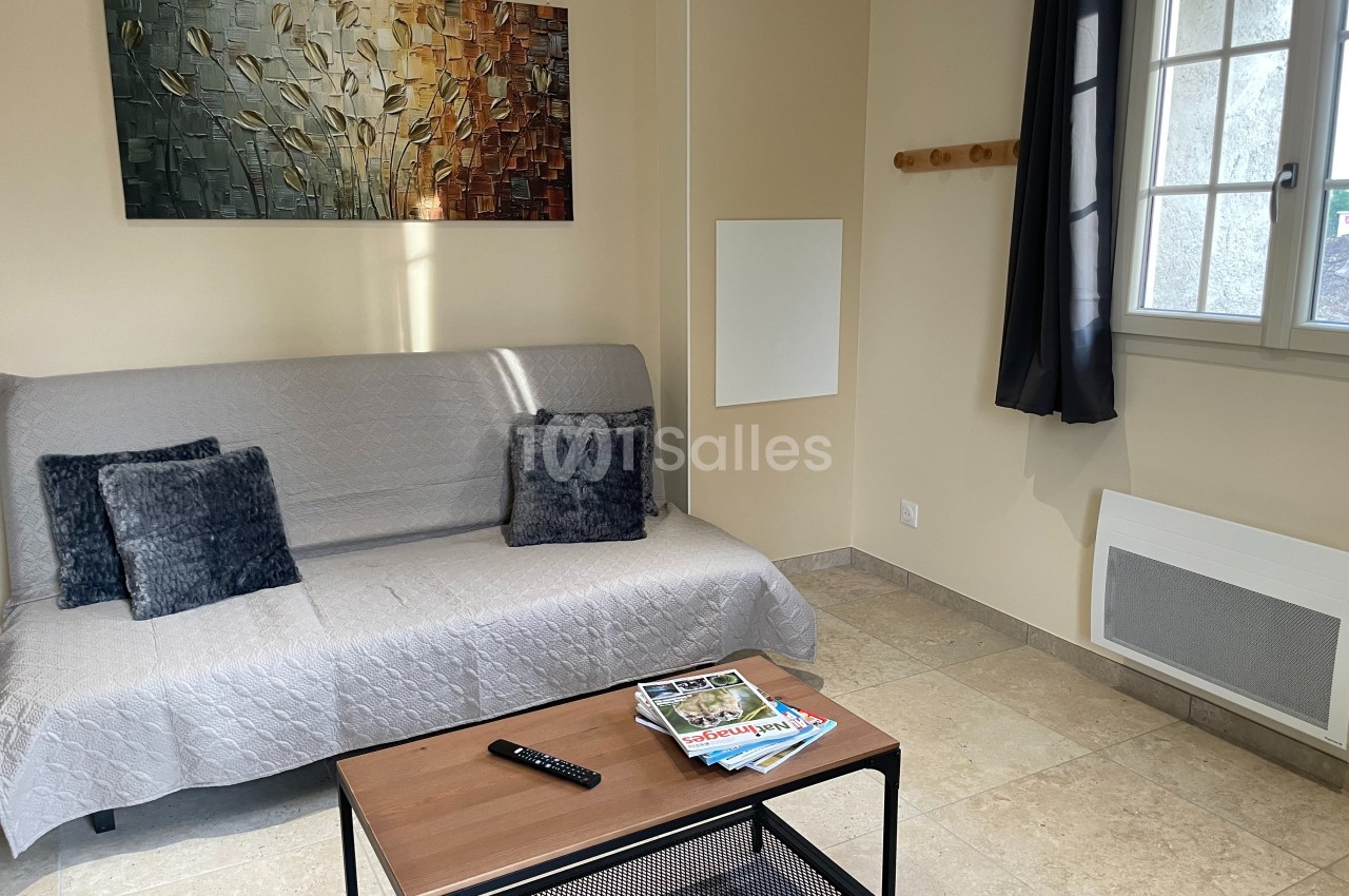 Canapé gris avec coussins, table basse avec magazines et télécommande, tableau mural et fenêtre laissant entrer la lumière.