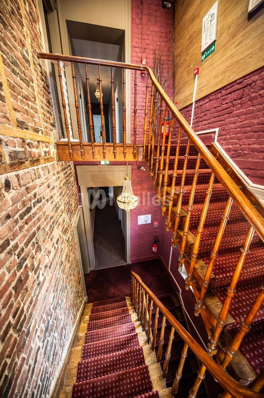 Escalier en bois avec tapis rouge, entouré de murs en briques et éclairé par une suspension centrale.