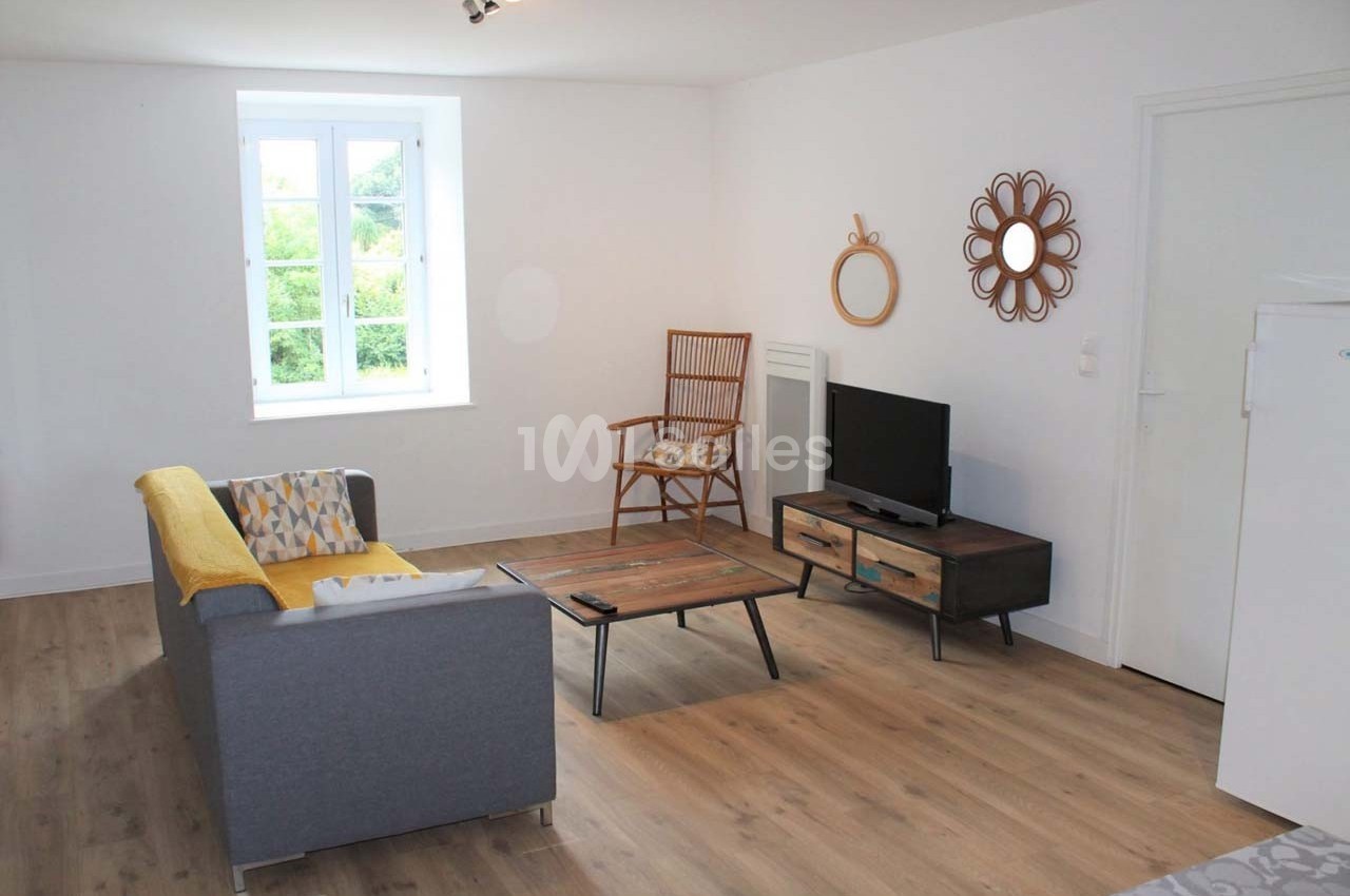 Salon lumineux avec canapé gris, table basse en bois, télévision sur meuble, chaise en rotin et décoration murale.