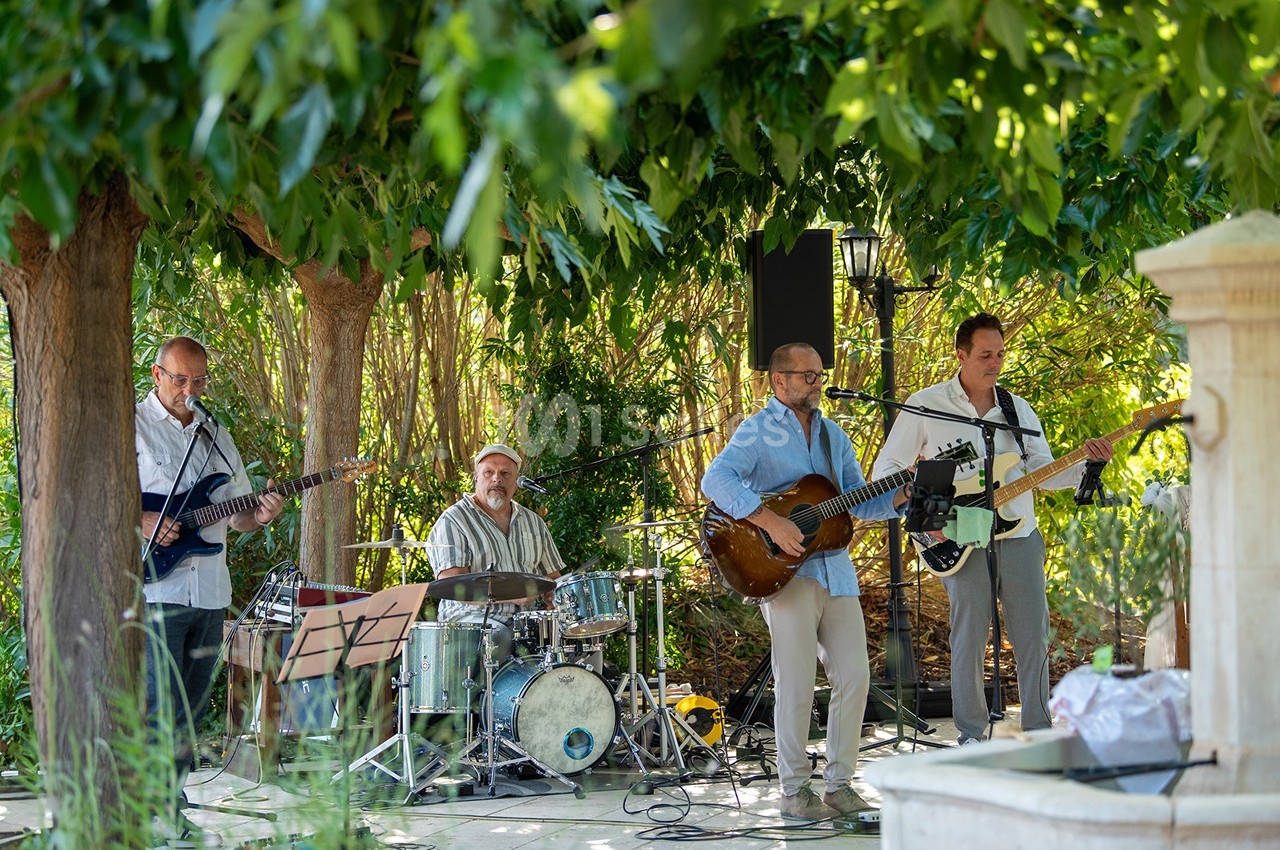 Un groupe de musiciens joue en plein air sous des arbres, entouré de verdure.