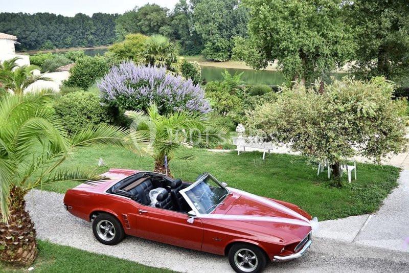 Voiture décapotable rouge garée sur une allée bordée de palmiers, avec un jardin verdoyant et une rivière en arrière-plan.