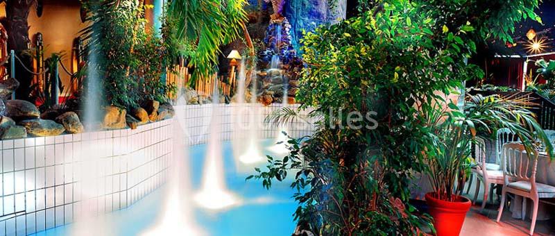 Piscine intérieure entourée de plantes tropicales et éclairée par des lumières colorées.