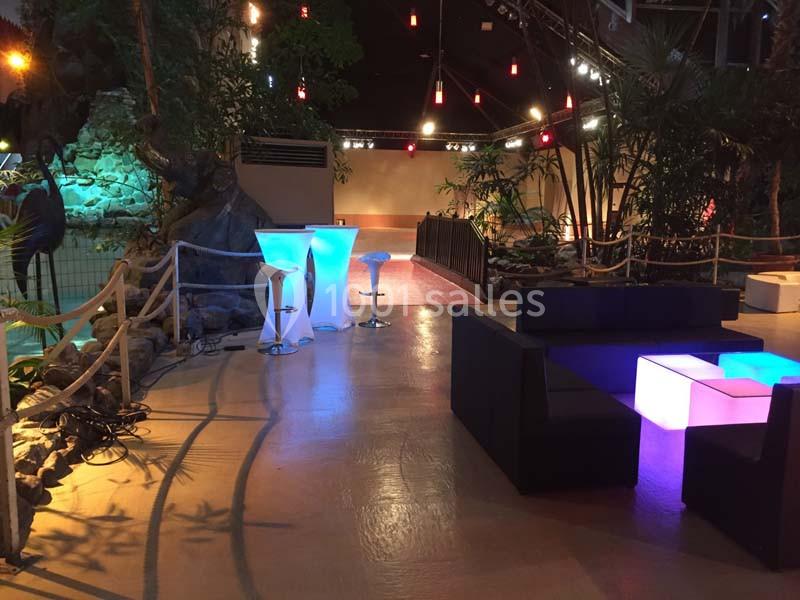 Salle aménagée avec des meubles lumineux, des plantes tropicales et un éclairage tamisé.
