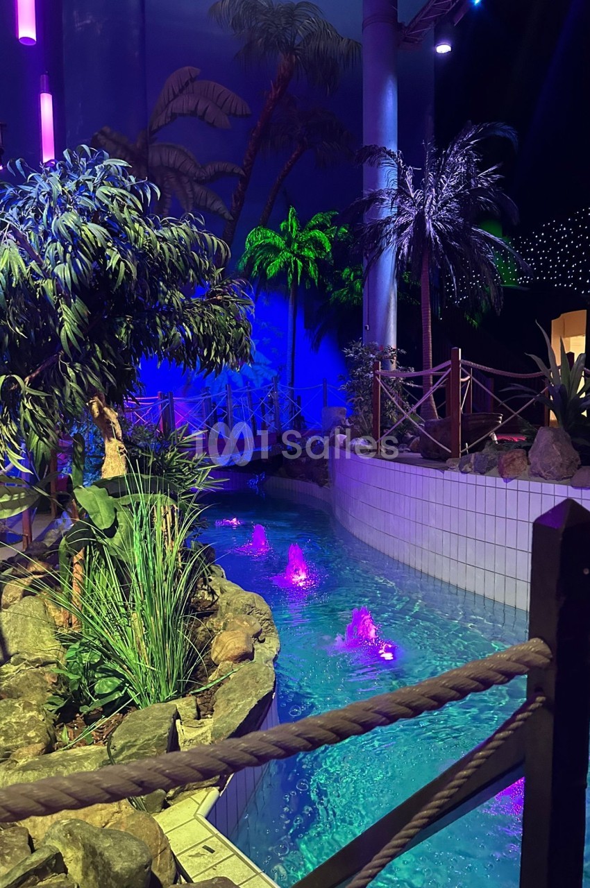 Cours d'eau artificiel entouré de plantes tropicales et éclairé par des lumières colorées dans un espace intérieur.
