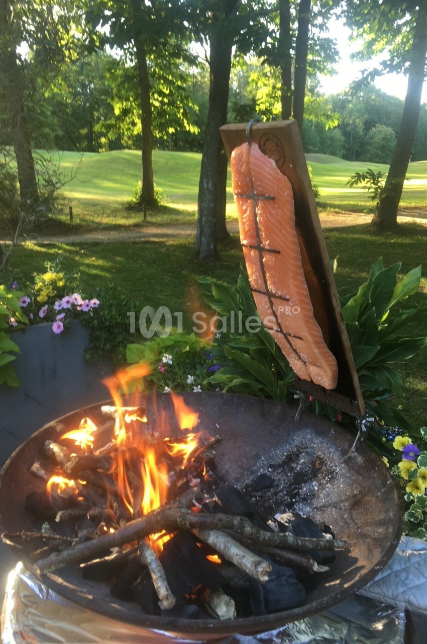 Saumon en cuisson verticale sur une planche de bois près d'un feu de bois, dans un jardin verdoyant.