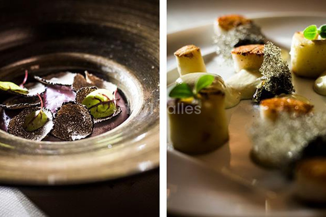 Assiette gastronomique avec truffes et herbes fraîches à gauche, et plats raffinés avec noix de Saint-Jacques à droite.