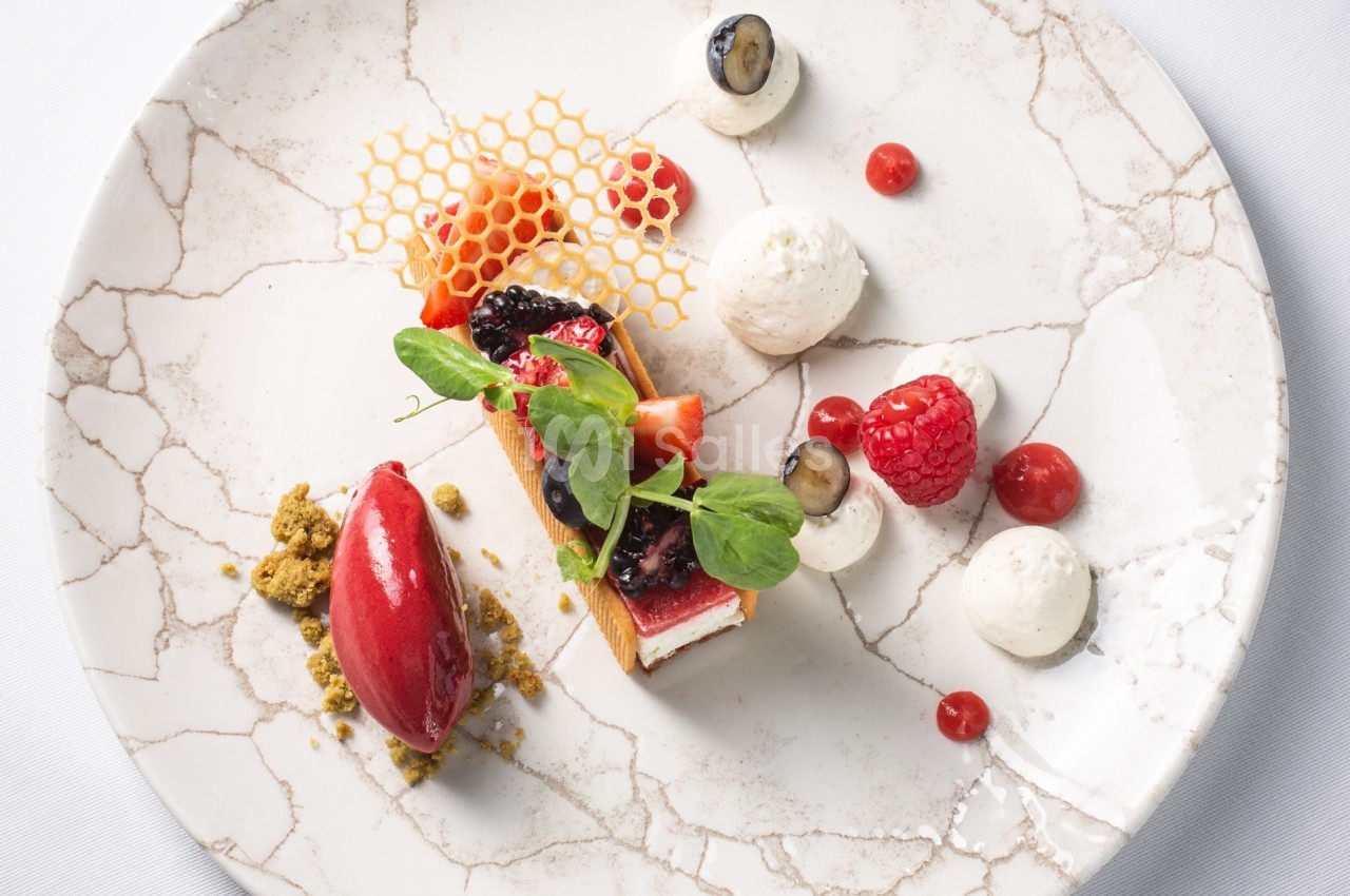 Assiette gastronomique avec dessert composé de fruits rouges, mousse, biscuit, sorbet et décorations raffinées.