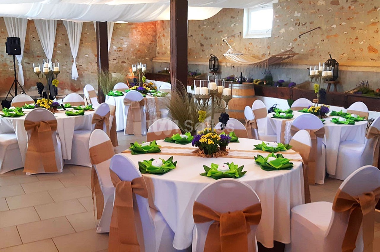 Salle décorée pour un événement avec des tables rondes, nappes blanches, chaises ornées de nœuds et centres de table fleuris.