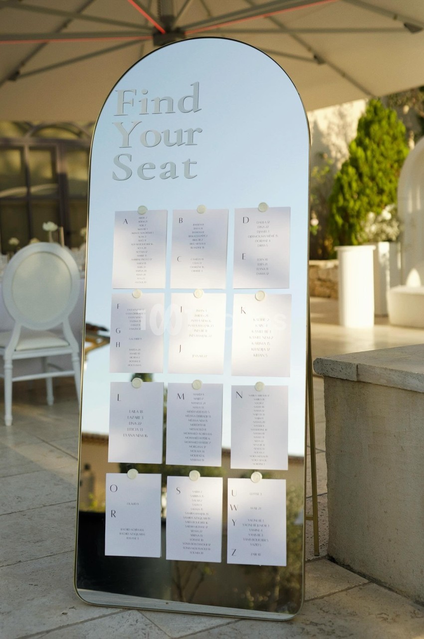 Plan de table affiché sur un miroir avec des cartes classées par ordre alphabétique, dans un cadre extérieur élégant.