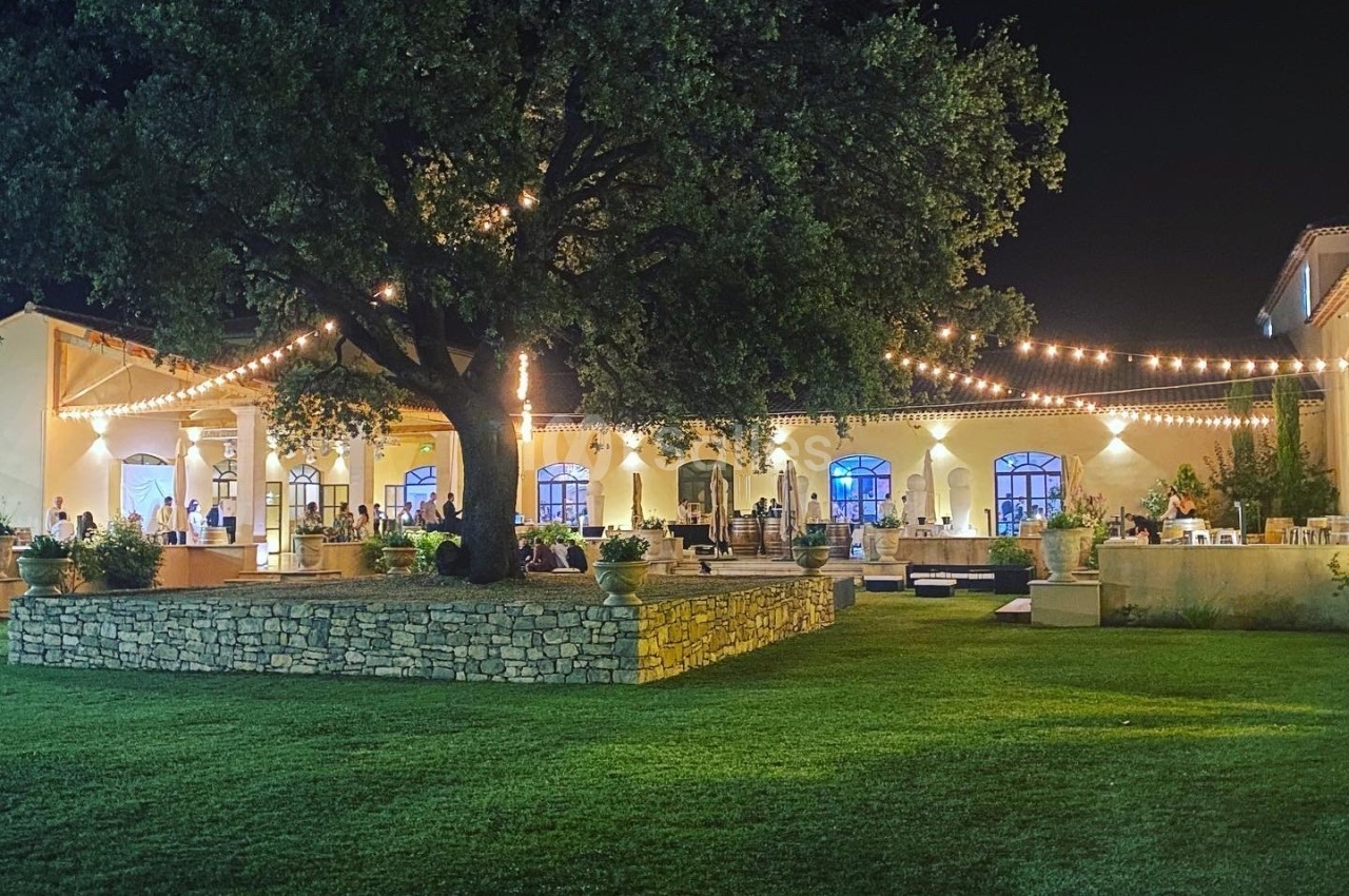 Grande maison éclairée la nuit avec des guirlandes lumineuses, un grand arbre et une pelouse au premier plan.