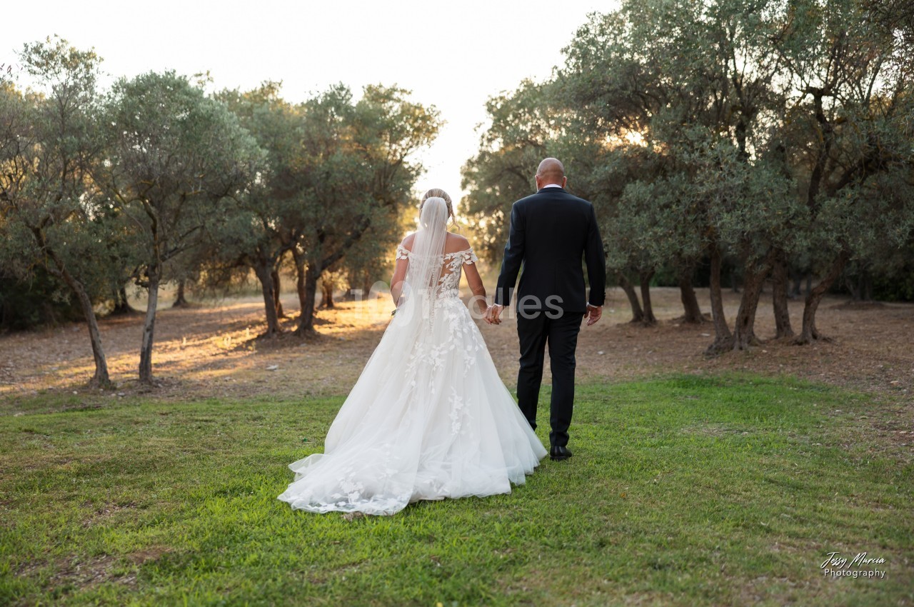 Un couple en tenue de mariage marche main dans la main dans un parc bordé d'arbres au coucher du soleil.