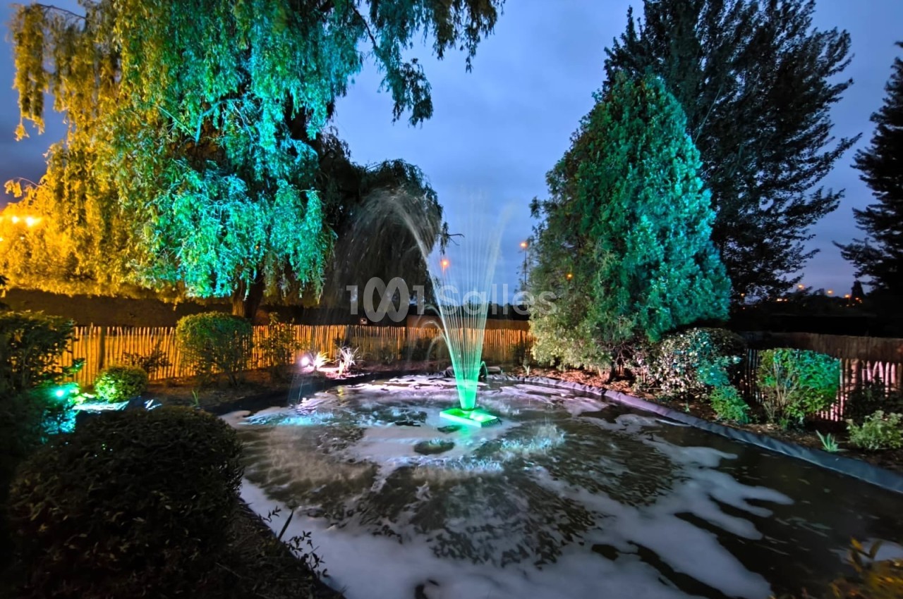 Fontaine éclairée la nuit dans un jardin, entourée d'arbres et de végétation avec des lumières colorées.