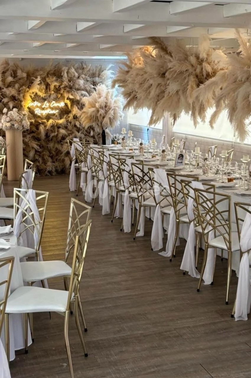 Salle de réception décorée avec des pampas, tables dressées avec nappes blanches et chaises ornées de rubans.
