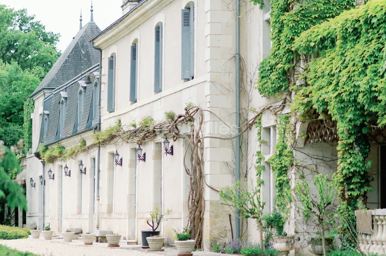Façade d'un bâtiment ancien en pierre, partiellement recouverte de vigne, avec des pots de fleurs devant.