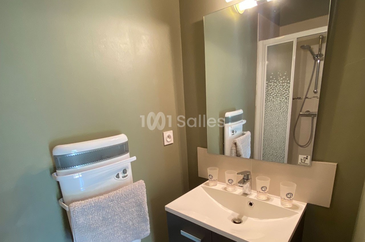 Salle de bain avec lavabo, miroir, radiateur mural avec serviette, et cabine de douche vitrée en arrière-plan.