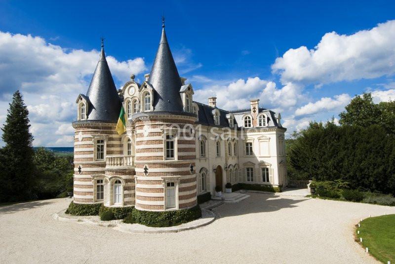Château avec tours et façade en briques rouges et blanches, entouré d'arbres et d'une allée gravillonnée.