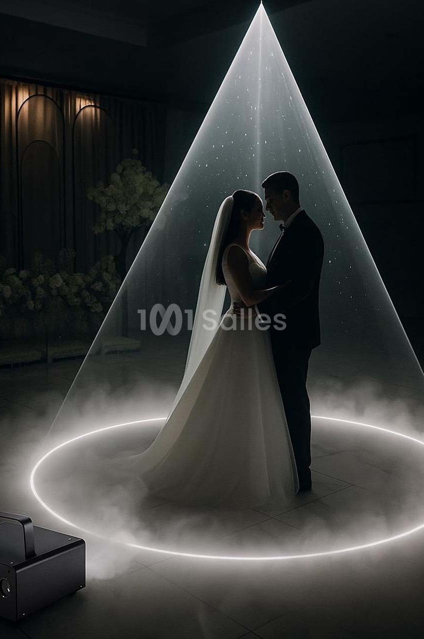 Un couple de mariés danse sous un éclairage en forme de cône lumineux entouré de fumée légère.