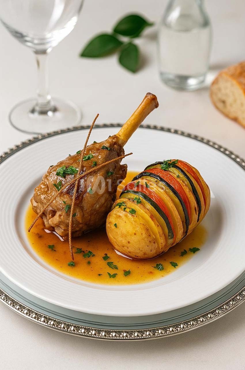 Assiette avec un jarret d'agneau en sauce et un millefeuille de légumes, servie sur une table dressée.