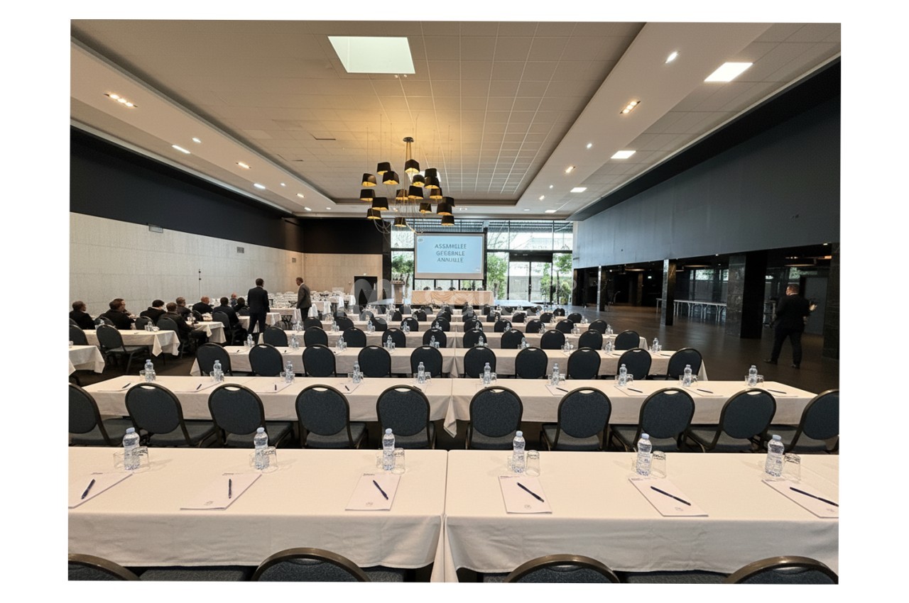 Salle de conférence avec des rangées de tables et chaises alignées, préparées pour une assemblée générale.