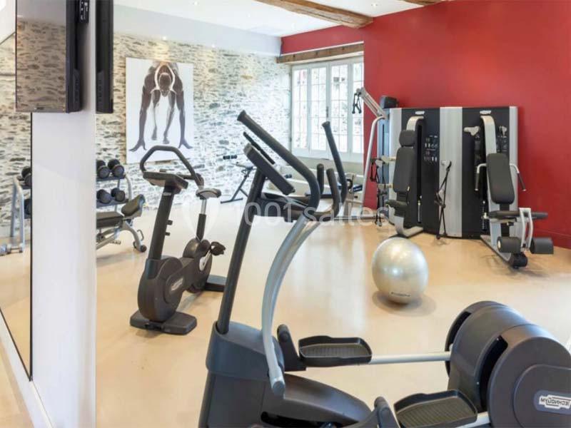 Salle de sport équipée de machines de cardio, haltères, ballon de fitness et murs aux tons rouge et pierre.