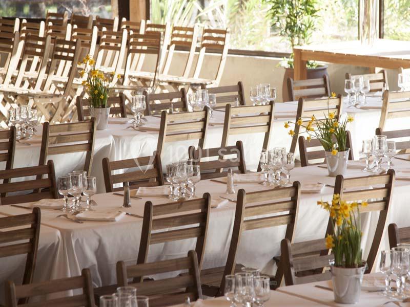Salle de réception avec des tables en bois dressées, nappes blanches, verres et bouquets de fleurs jaunes.