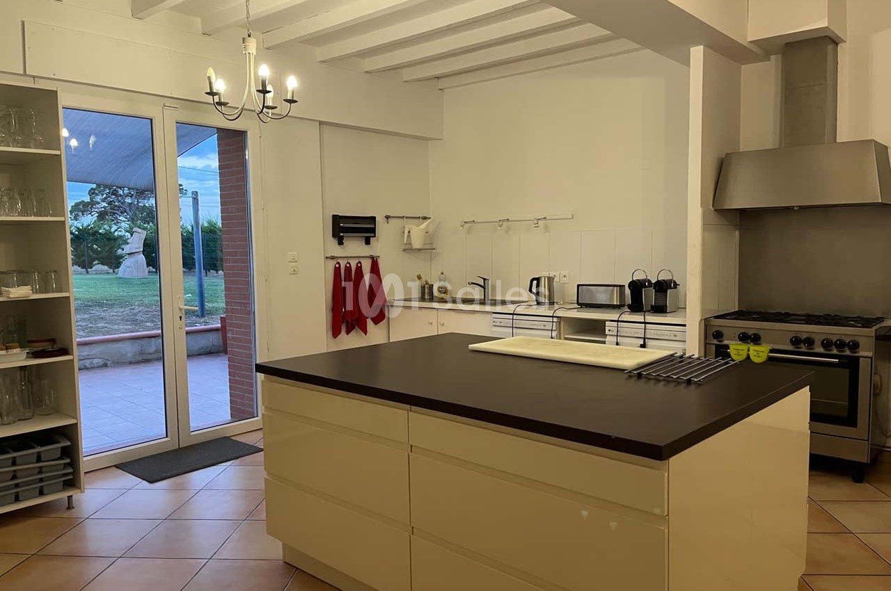 Cuisine moderne avec îlot central, plan de travail sombre, électroménagers en inox et vue sur une terrasse extérieure.