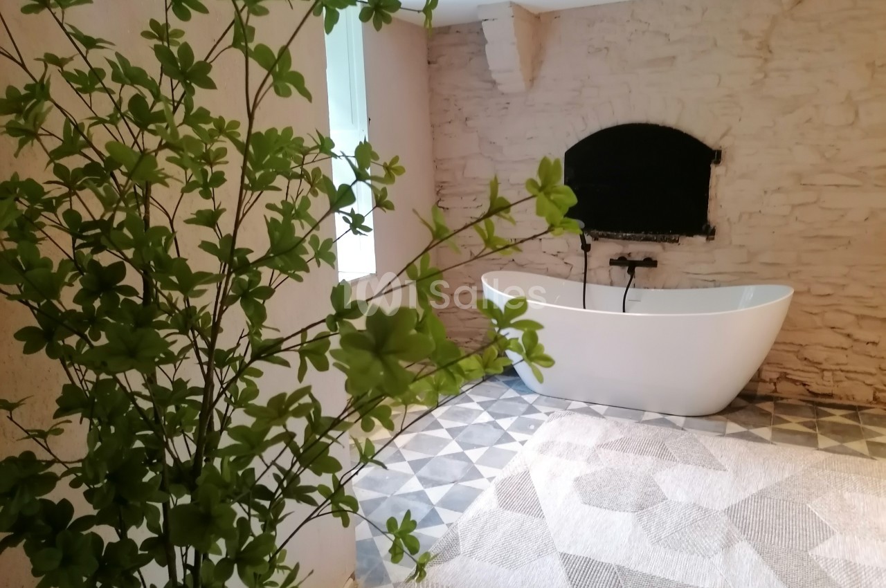 Salle de bain avec baignoire blanche, mur en pierre apparente, sol à motifs géométriques et plante verte au premier plan.