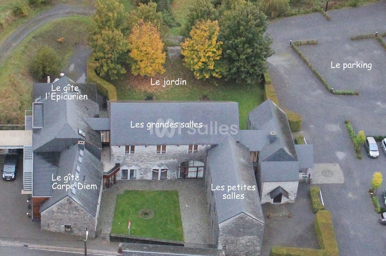 Vue aérienne d'un complexe avec plusieurs bâtiments, un jardin central, un parking et des zones identifiées par des noms.