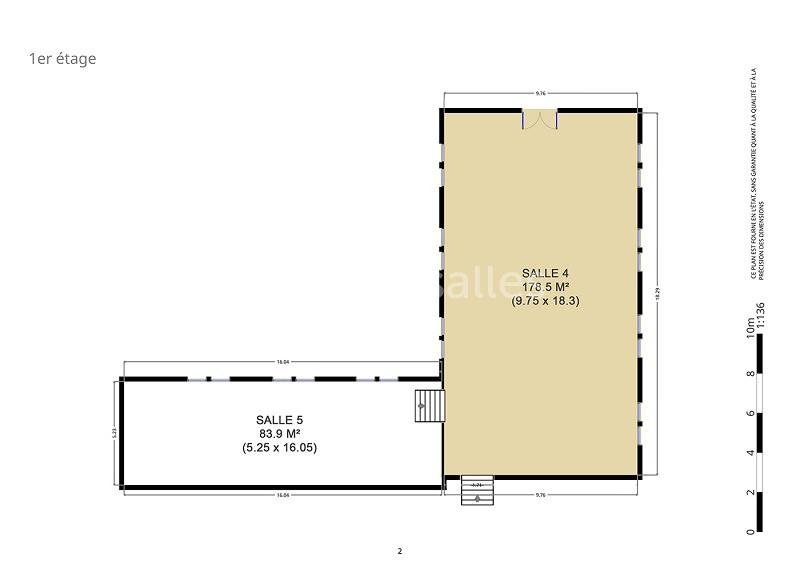 Plan d'un premier étage montrant deux salles avec leurs dimensions et une échelle en mètres.