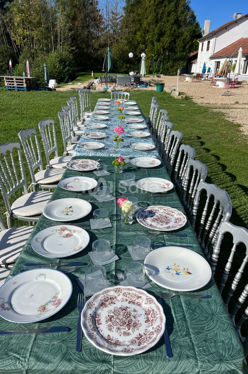 Grande table extérieure dressée avec nappes vertes, vaisselle vintage et fleurs, dans un jardin ensoleillé.