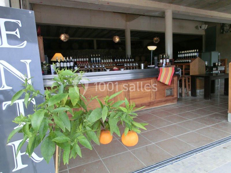 Un comptoir en bois dans un espace intérieur avec des bouteilles de vin alignées et un oranger en premier plan.