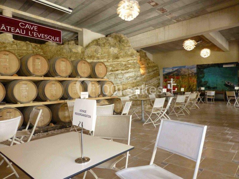 Salle de dégustation avec tables et chaises, murs en pierre apparente et tonneaux de vin empilés.