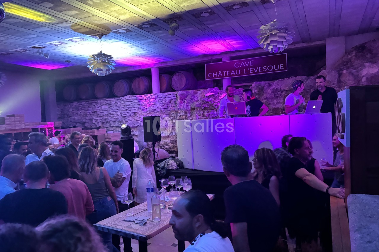 Soirée dans une cave avec DJ sur scène, invités dansant ou discutant sous un éclairage coloré.