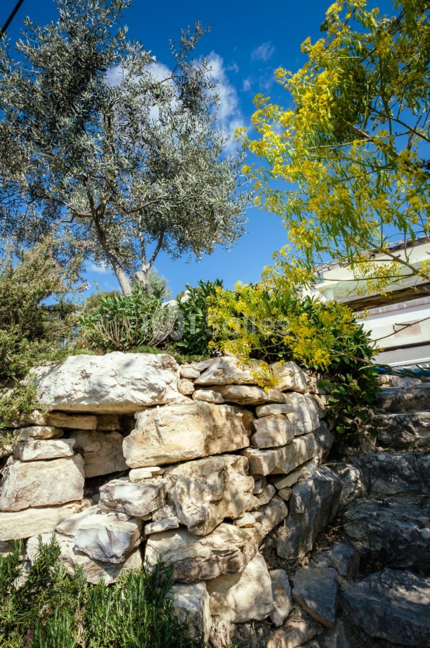 Mur en pierre sèche entouré de végétation méditerranéenne sous un ciel bleu clair.