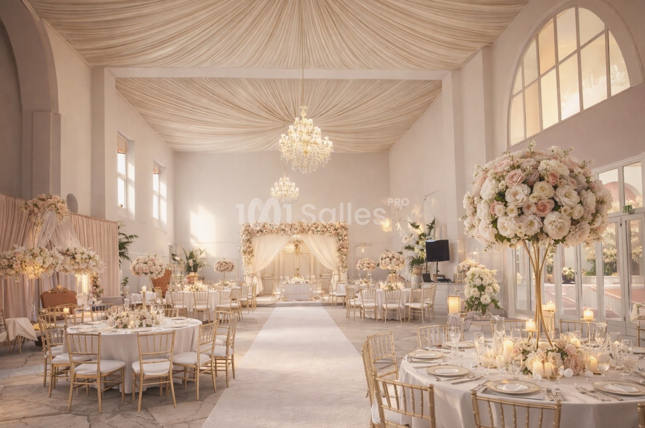 Salle de réception élégante décorée pour un mariage, avec chandeliers, fleurs et tables dressées.