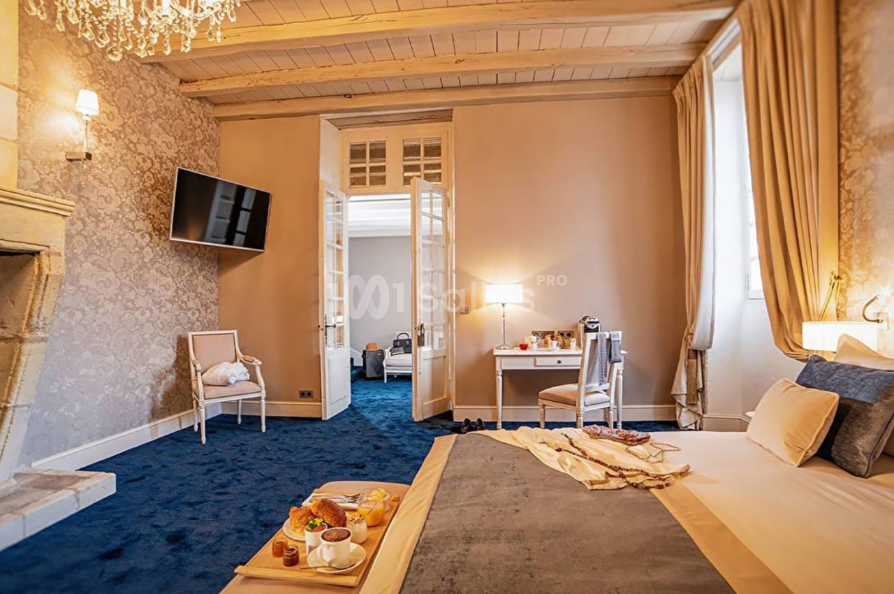 Chambre lumineuse avec lit double, bureau, télévision murale, cheminée et plateau-repas sur une couverture bleue.