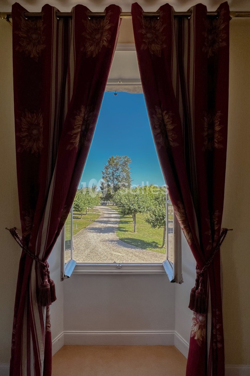 Vue d'un chemin bordé d'arbres à travers une fenêtre encadrée de rideaux rouges ornés de motifs floraux.