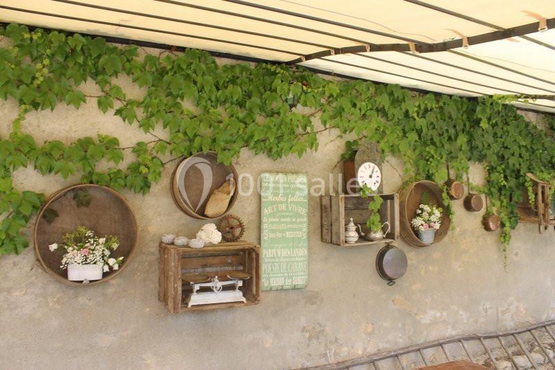 Mur décoré avec des caisses en bois, des objets vintage et des plantes grimpantes sous une pergola.