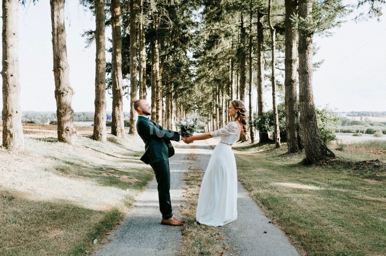 Un couple en tenue de mariage se tient par les mains sur une allée bordée d'arbres par une journée ensoleillée.