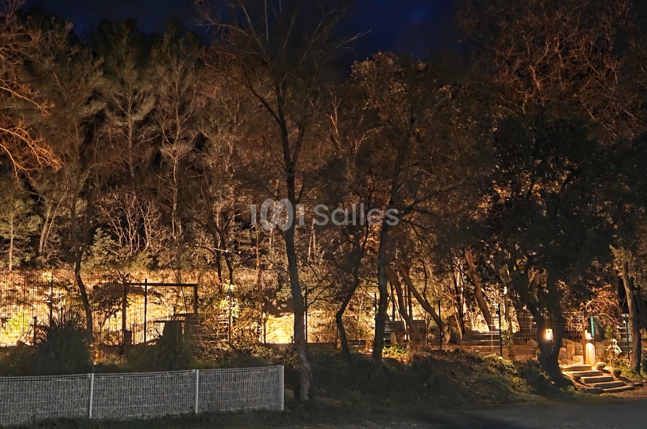 Vue nocturne d'un parc boisé illuminé par des lumières chaudes, avec des arbres et des sentiers visibles.