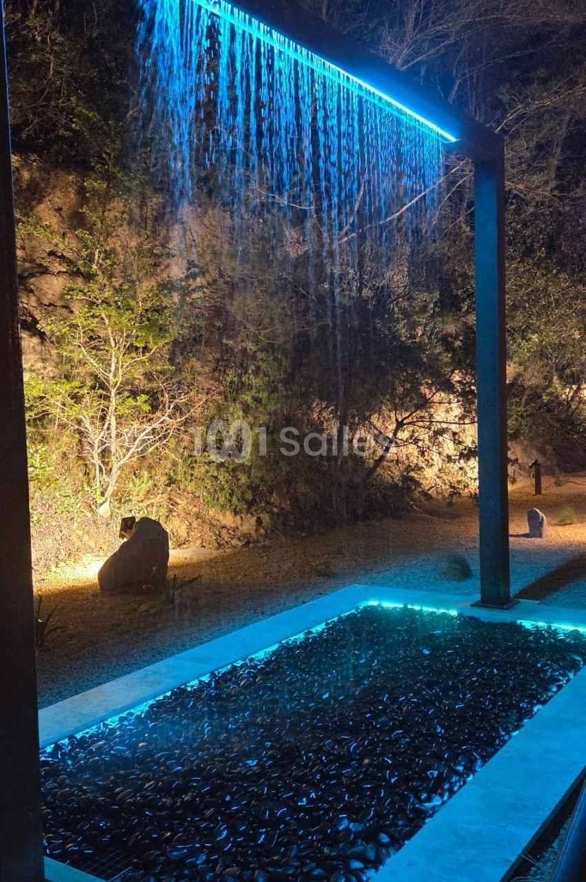 Cascade lumineuse tombant d'une structure métallique dans un bassin, entourée de végétation nocturne éclairée.